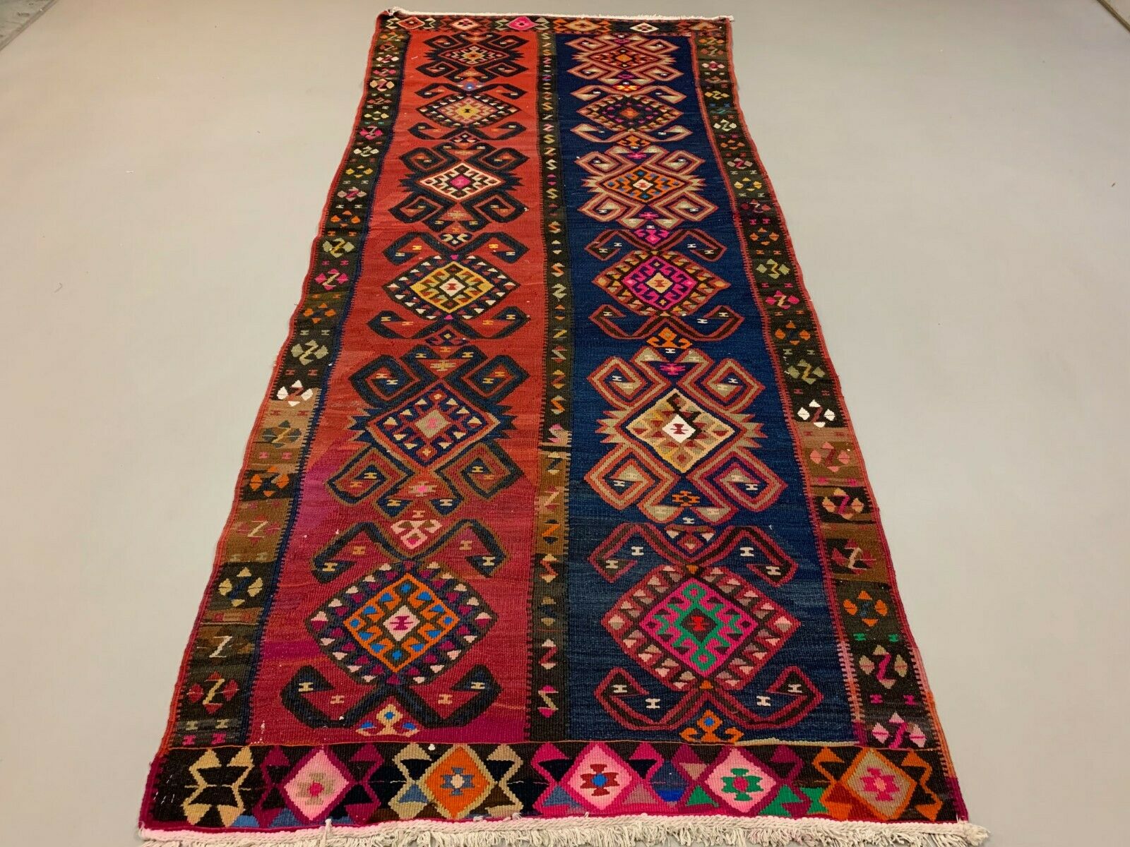 Vintage Turkish Kilim 264x110 cm Wool Kelim Rug Large Red Navy Runner kilimshop.myshopify.com