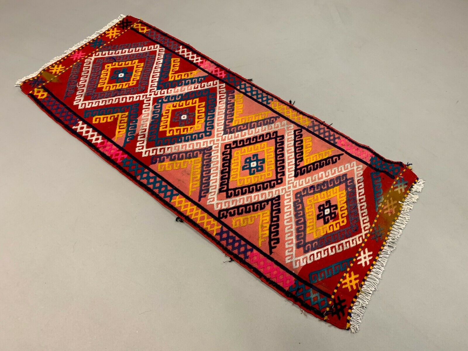 Vintage Turkish Mini Kilim 106x47 cm Shabby Wool Small Kelim Rug Black,Red Gold