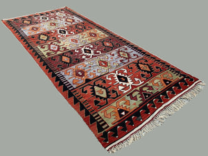 Vintage Turkish Kilim 369x160 cm Tribal Kelim Rug Large Pink, Blue, Beige, Black