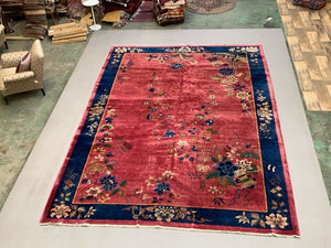 Large Chinese Art Deco Carpet, 448x308 cm, 1920s Wool, Handmade, Pink Blue Rug