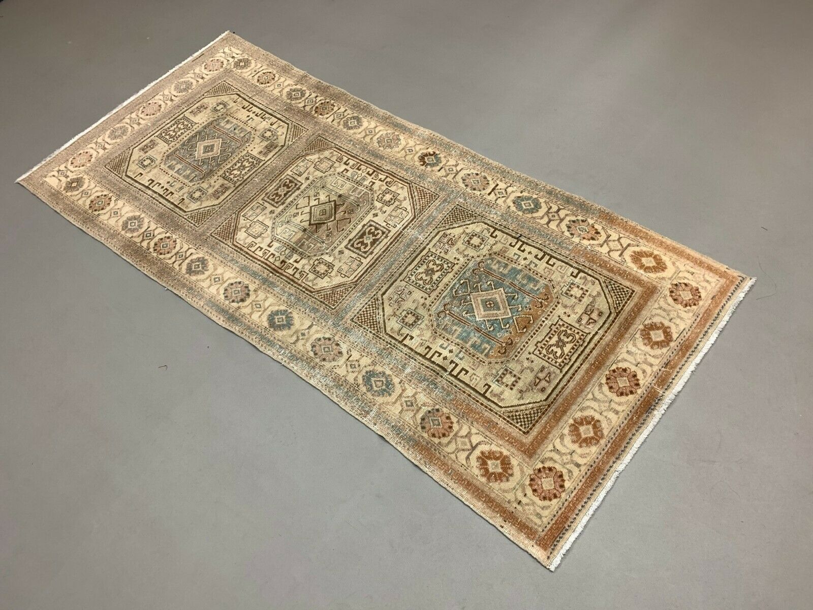 Distressed Turkish Rug 197x90 cm wool Vintage shabby Chic Tribal Blue, Beige kilimshop.myshopify.com