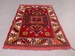 Vintage Western Turkish Rug Oriental 100x74 cm Tribal Small Carpet, Red