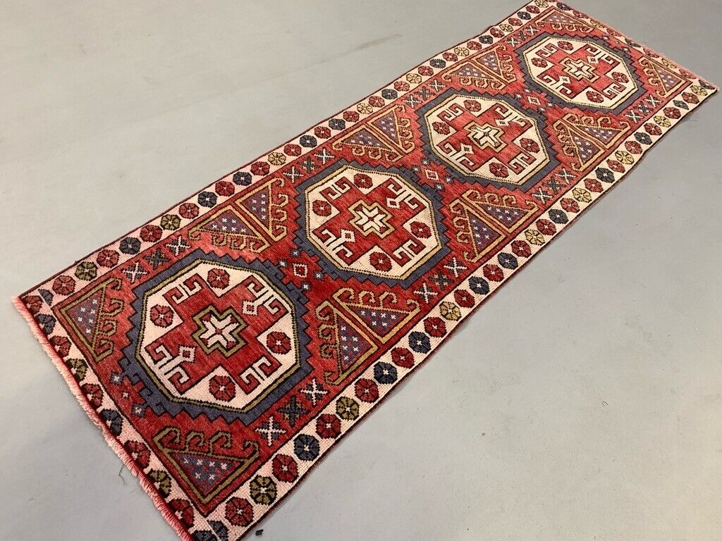 Vintage Turkish Runner 235x80 cm Kazak Rug, Terracotta Red, Beige Blue