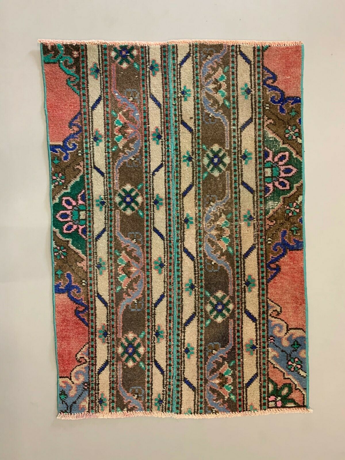 Distressed Turkish Rug 110x74 cm Vintage Shabby, Runner, Green, Brown Small kilimshop.myshopify.com