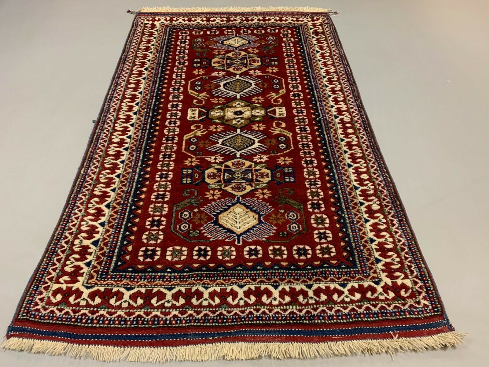 Vintage Turkish Bergama Rug  200x120 cm Red Blue and Beige kilimshop.myshopify.com