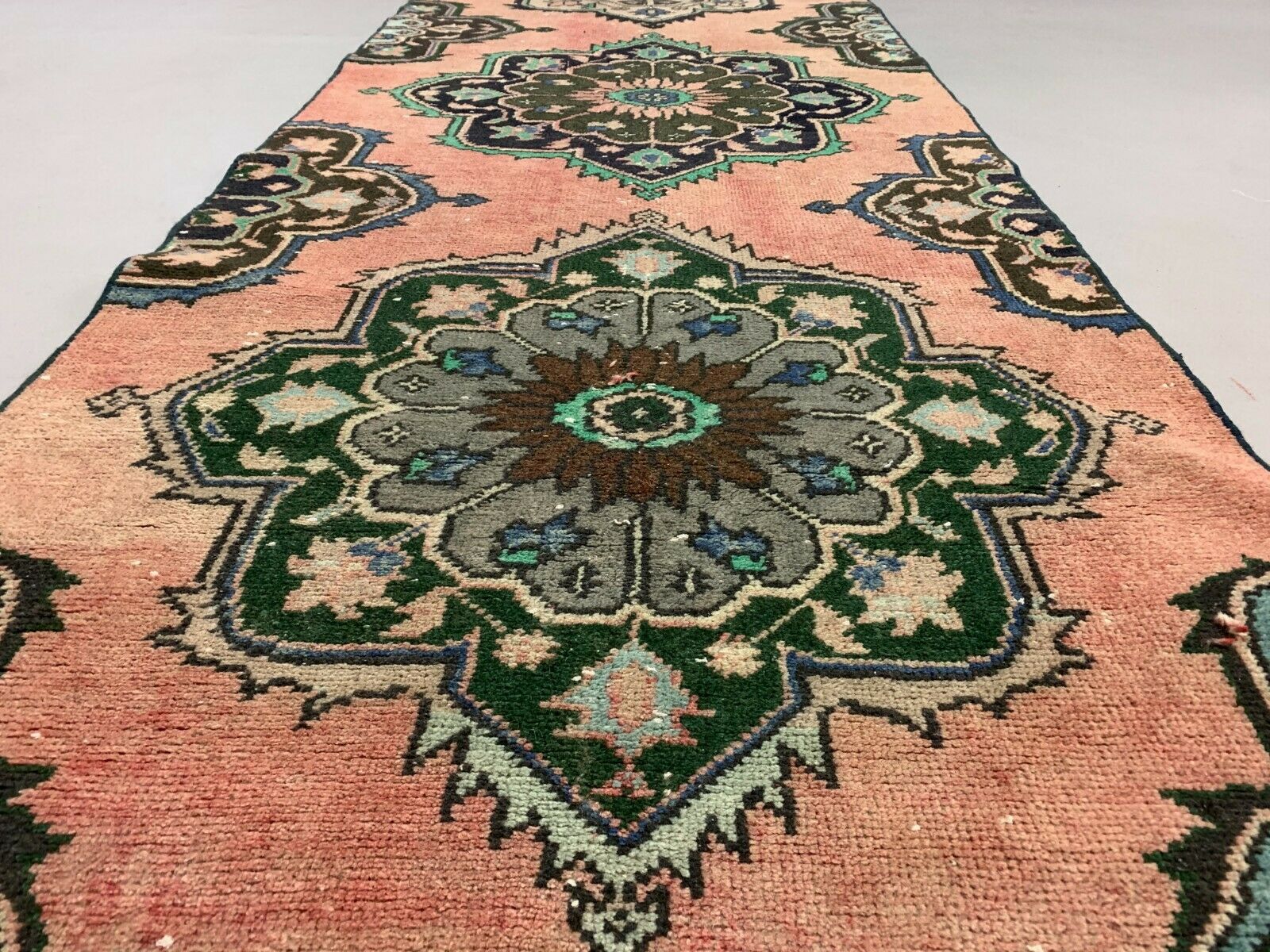 Distressed Turkish Runner 410x80 cm wool Vintage Tribal Rug Pink Green kilimshop.myshopify.com