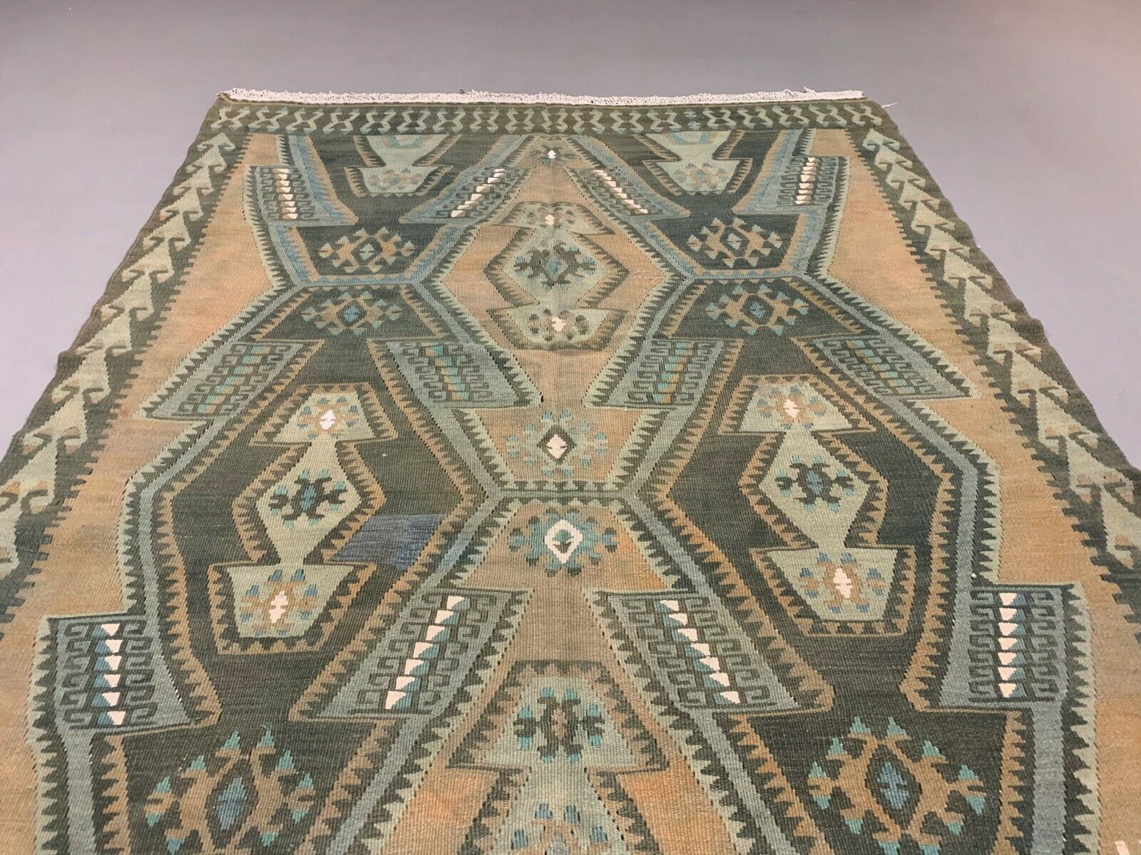 Vintage Turkish Kilim Rug 395x132 cm, Wool Kelim Runner kilimshop.myshopify.com