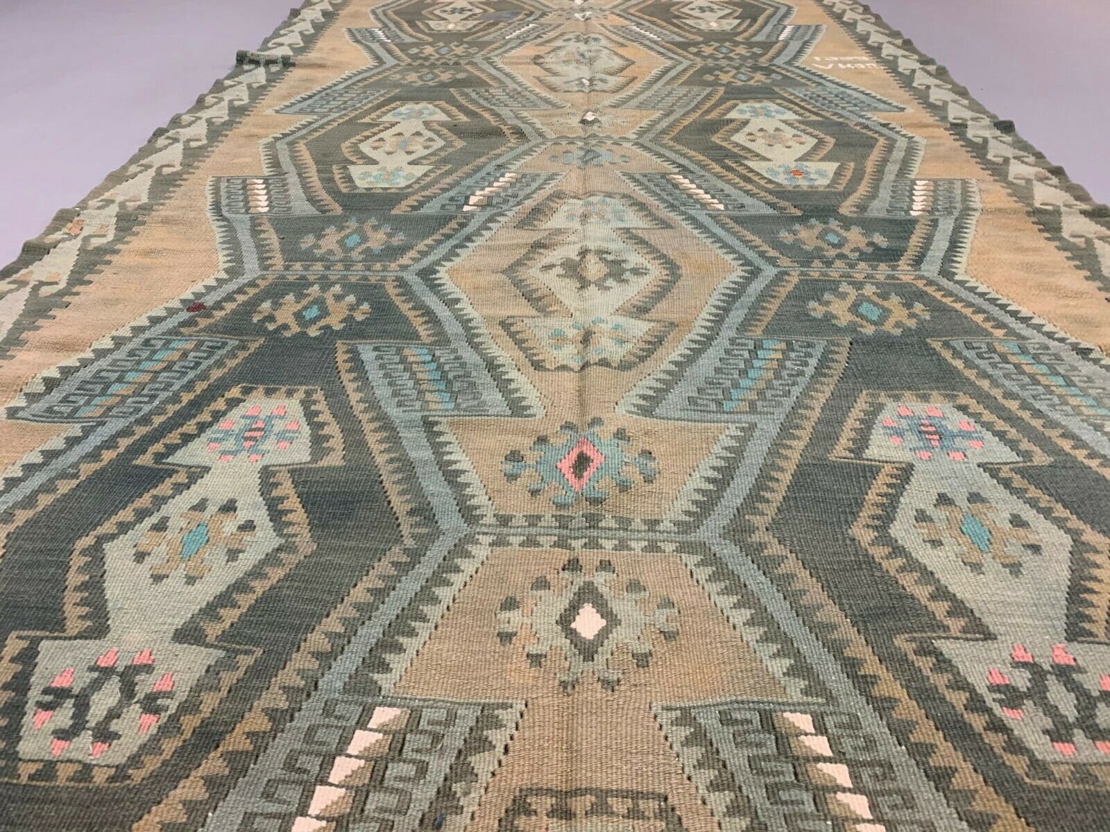 Vintage Turkish Kilim Rug 395x132 cm, Wool Kelim Runner kilimshop.myshopify.com