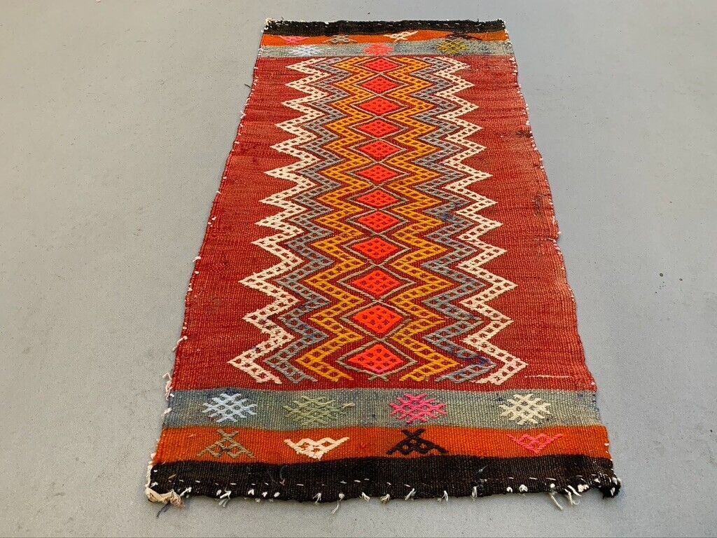 Vintage Turkish Mini Kilim 92x50 cm Wool Small Kelim Runner, shabby Chic