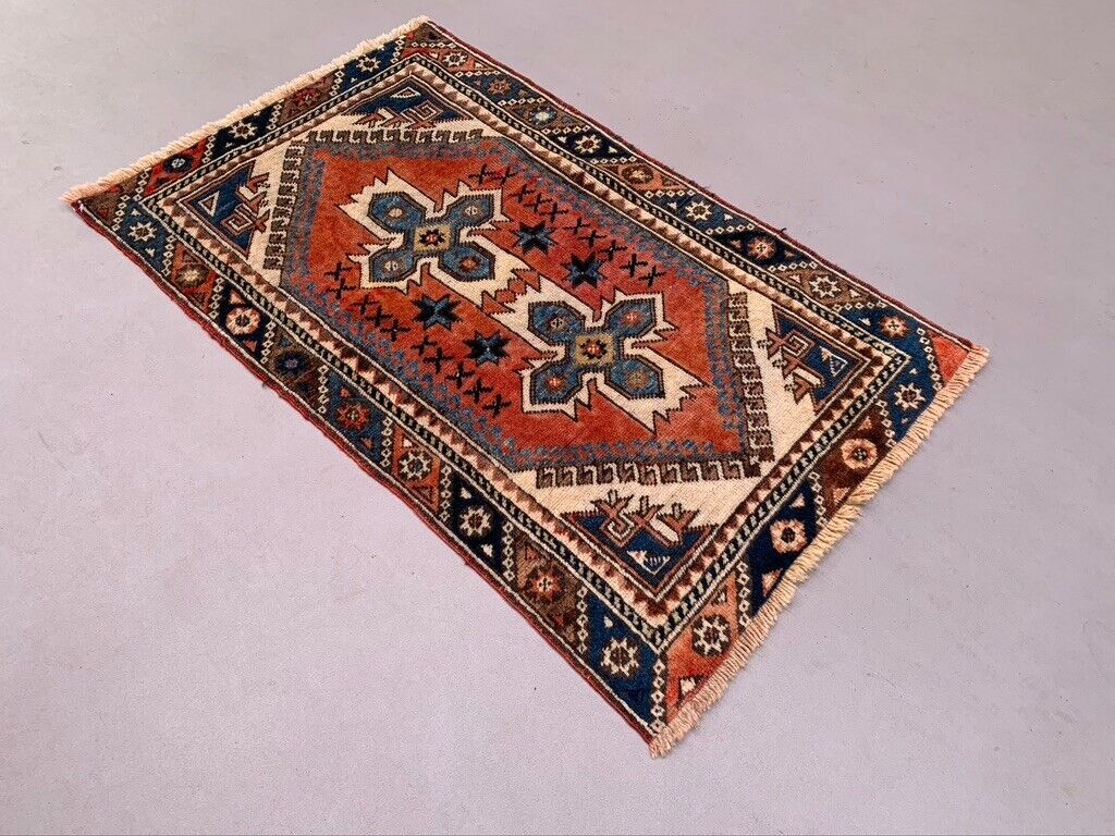 Vintage Western Turkish Rug Oriental 124x78 cm Tribal Small Carpet, Red