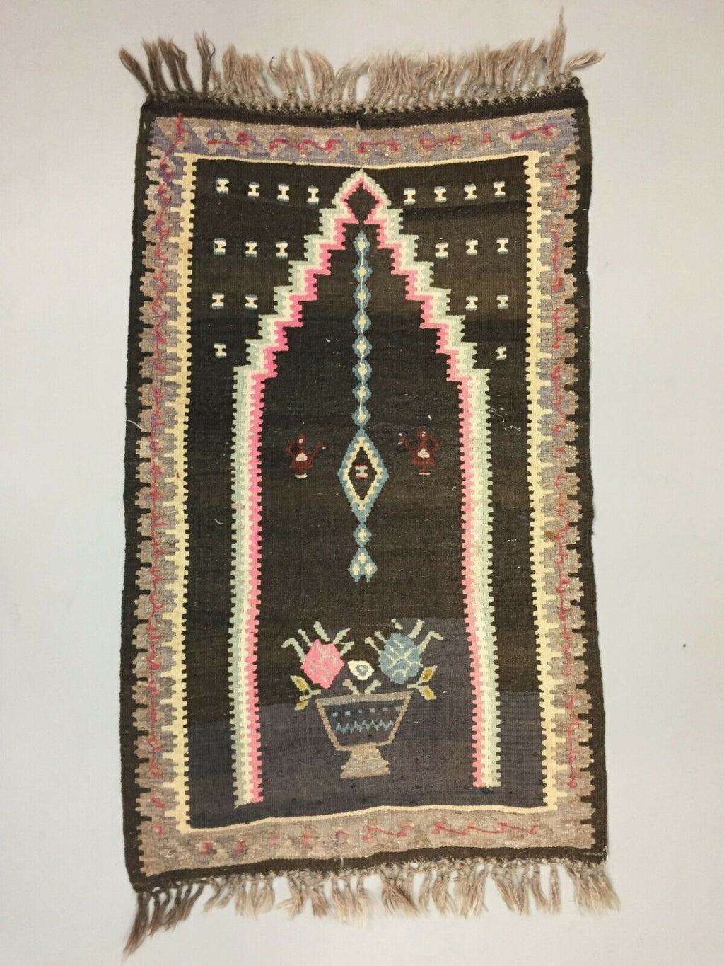 Small Vintage Turkish Kilim 125x79 cm Wool Kelim Prayer Rug Black Beige, Pink