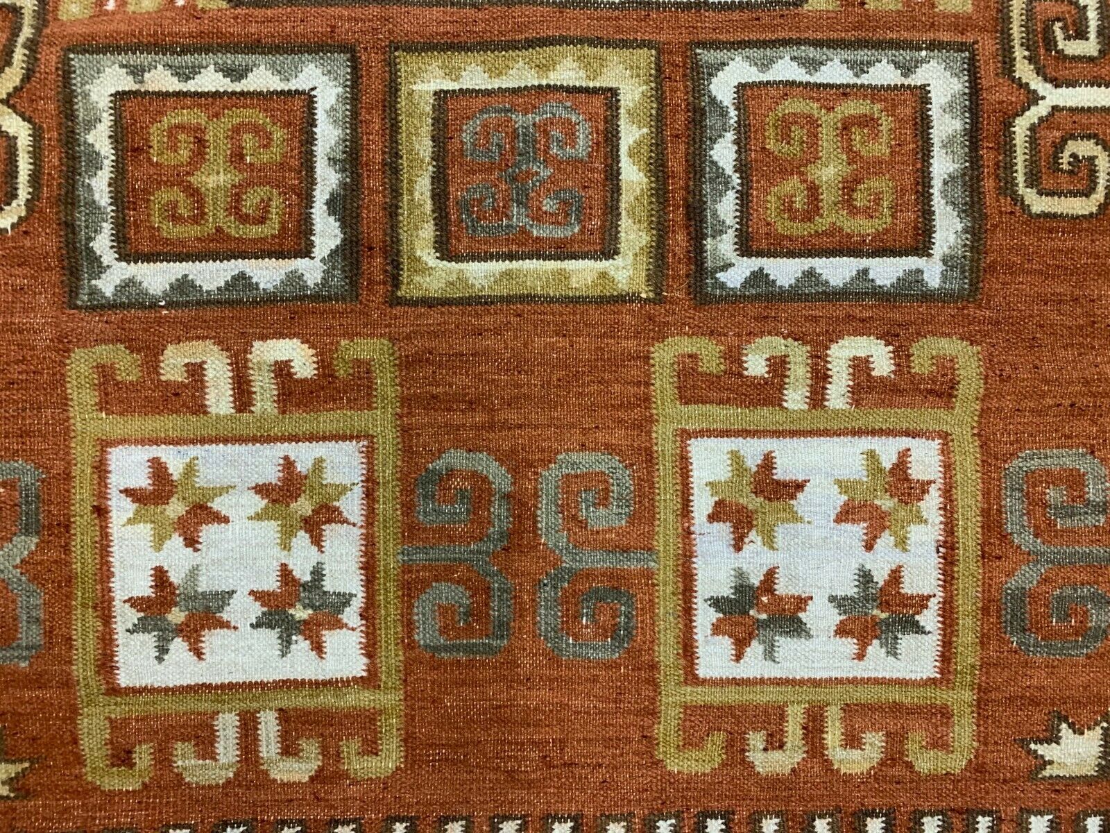 Vintage Turkish Kilim  240x173 cm, tribal Kelim Rug, Green, Beige, Brown, Large