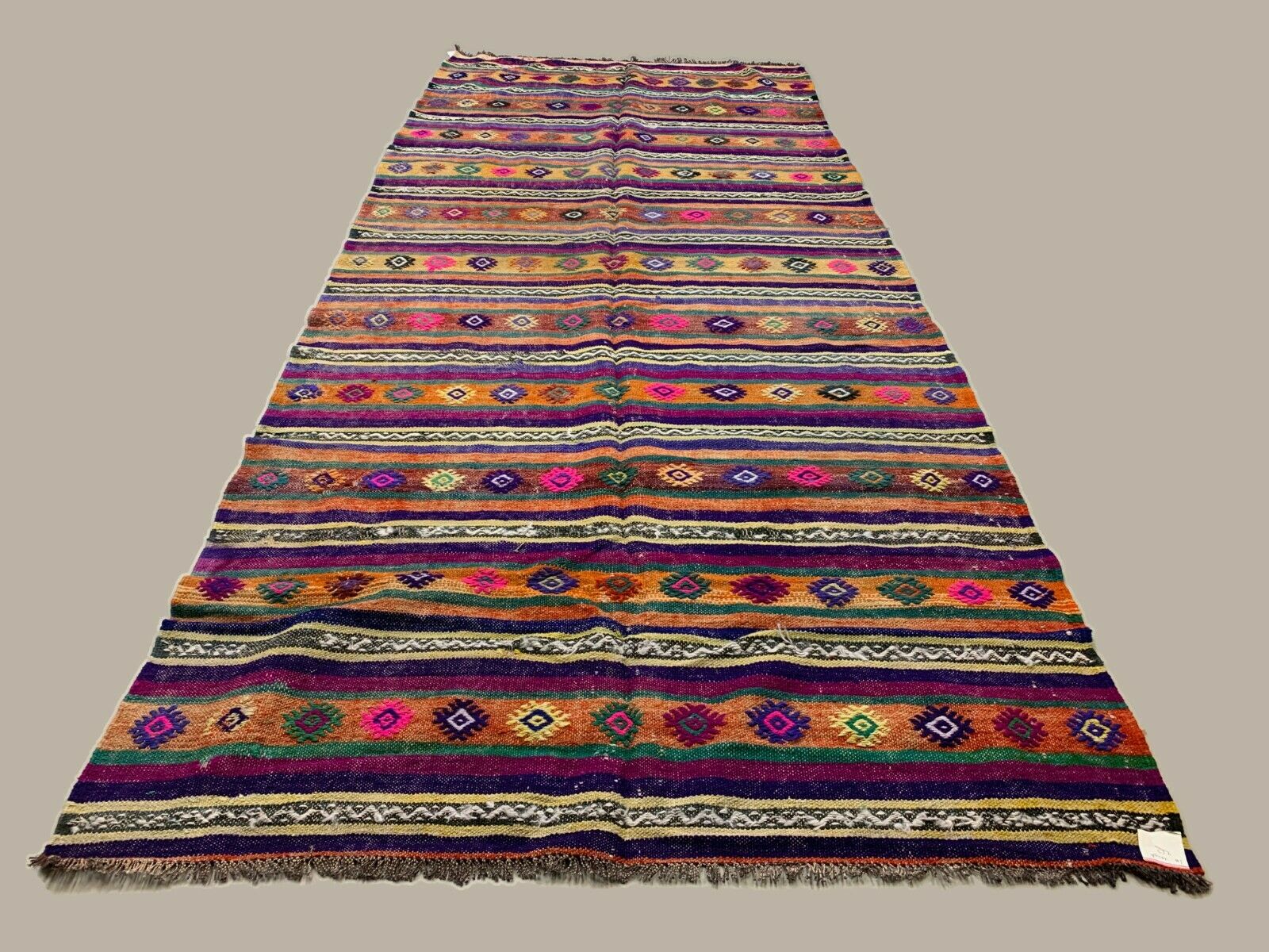 Colourful Vintage Turkish Kilim 318x138 cm Kelim Rug Wool Red Green Black Large kilimshop.myshopify.com