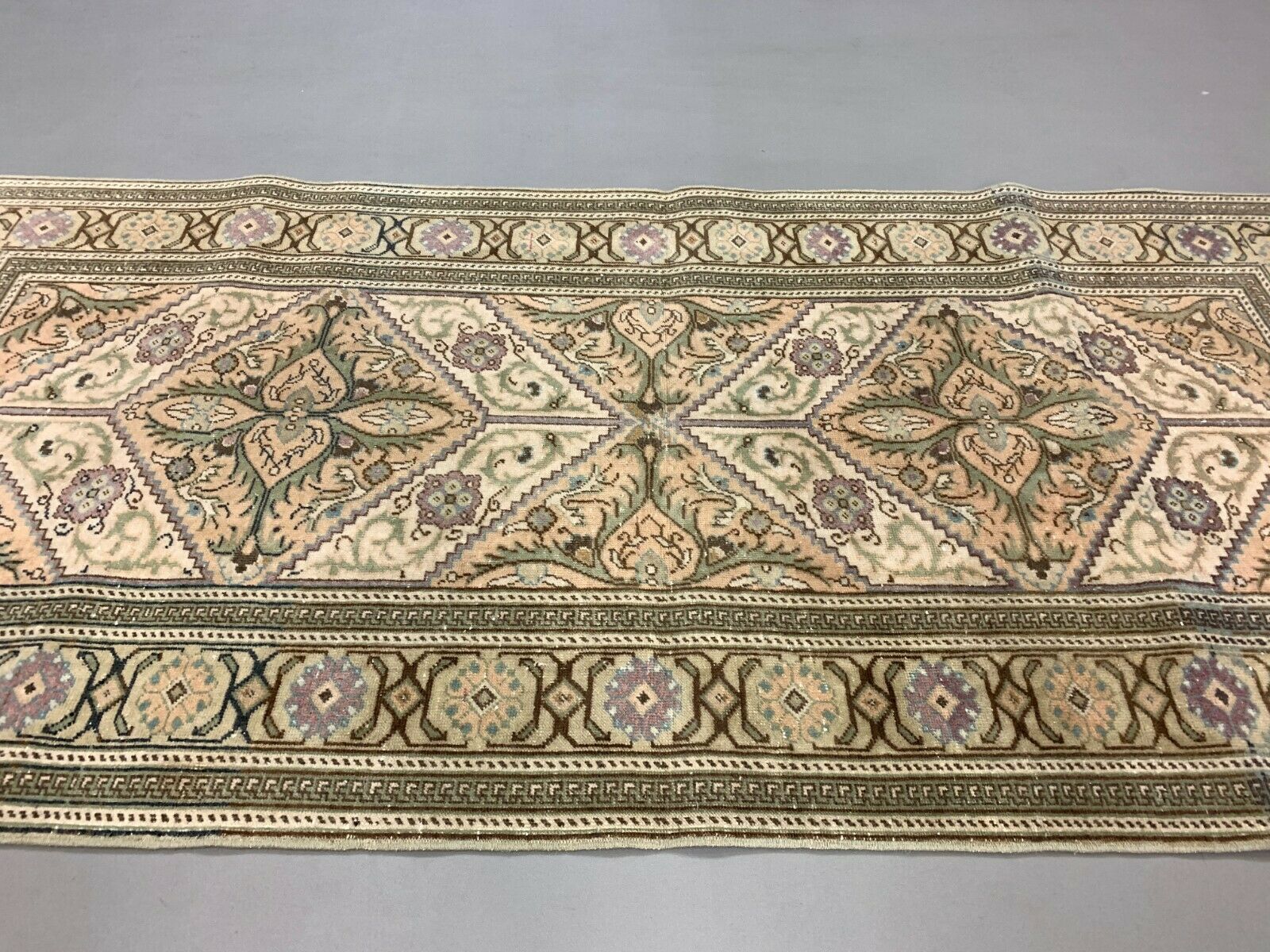 Distressed Turkish Rug 196x92 cm wool Vintage shabby Chic Runner Green, Beige kilimshop.myshopify.com