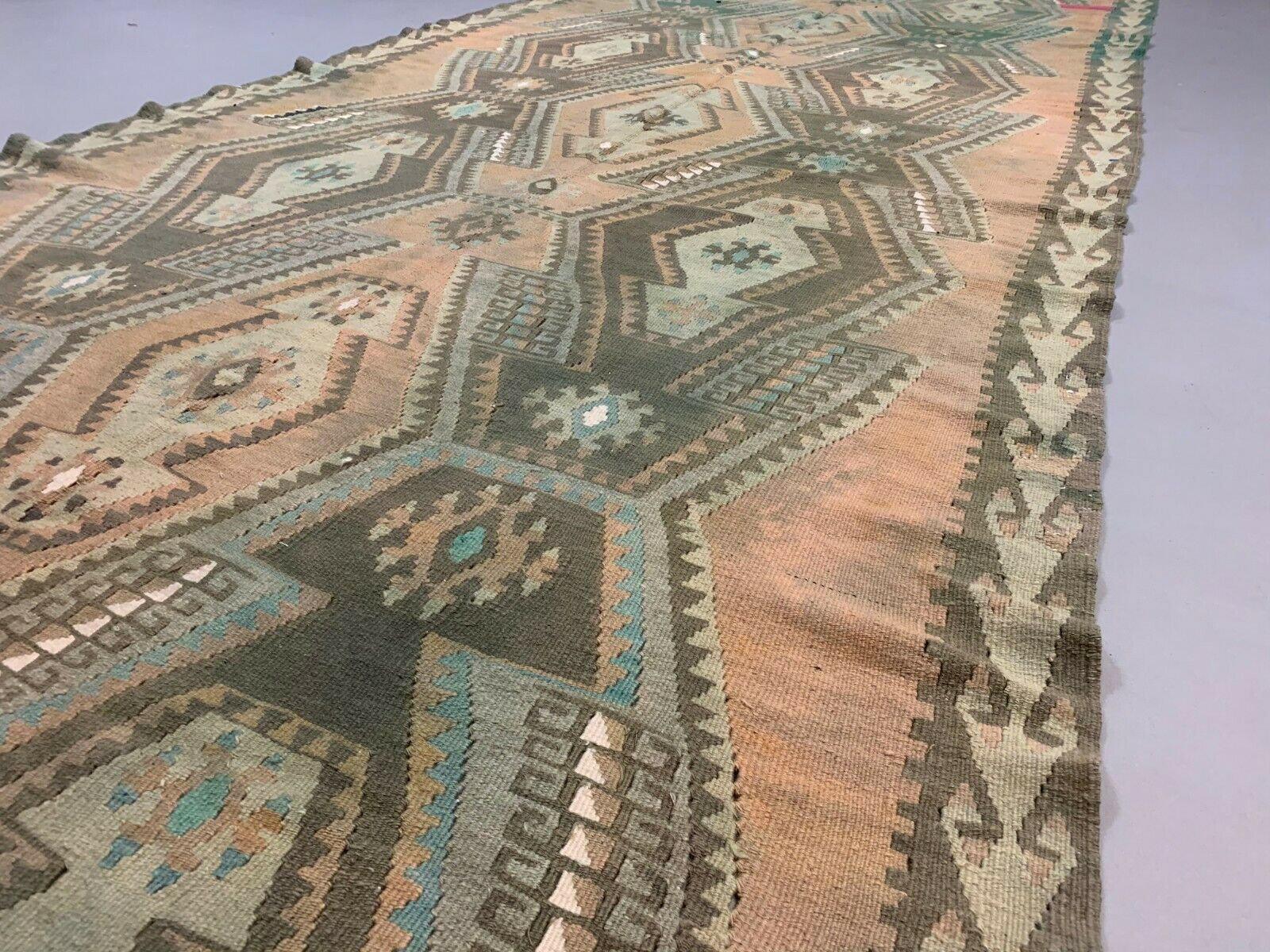 Vintage Turkish Kilim 405x136 cm Wool Kelim Rug Large Runner kilimshop.myshopify.com