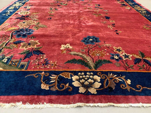 Large Chinese Art Deco Carpet, 448x308 cm, 1920s Wool, Handmade, Pink Blue Rug