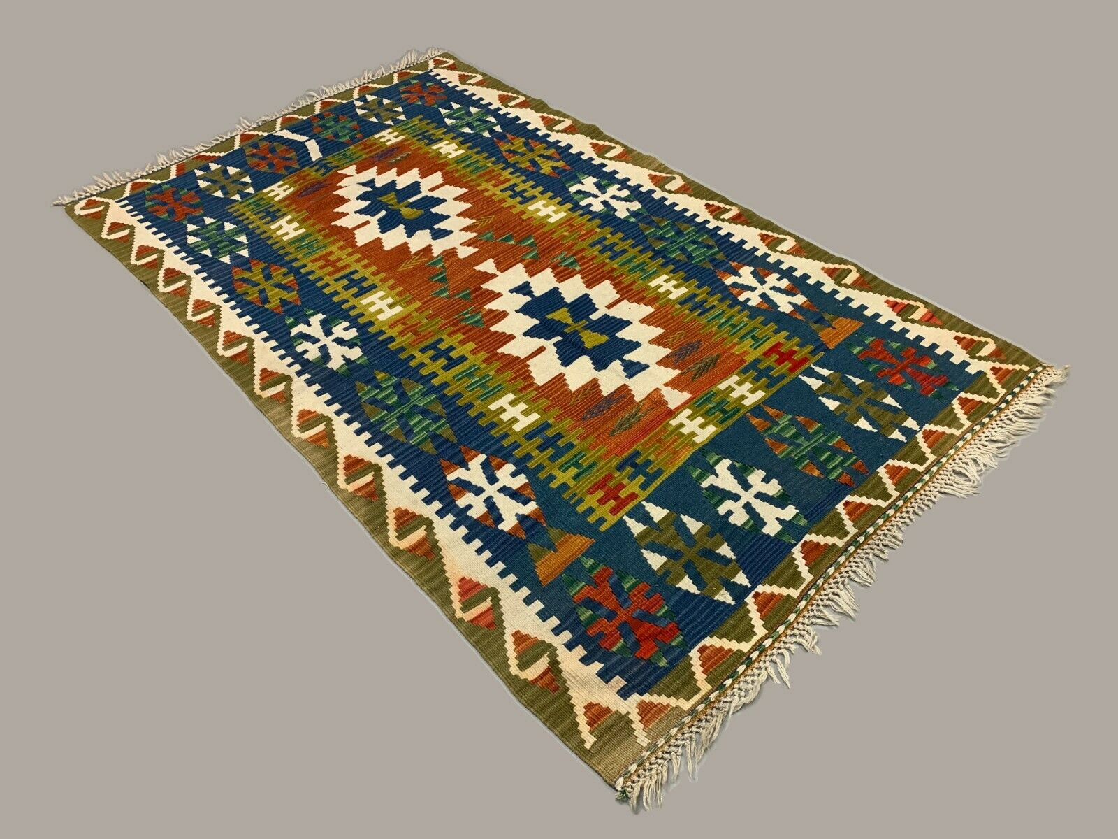 Vintage Turkish Kilim 230x142 cm Tribal Kelim Rug, Blue, Red, Beige, Green Large