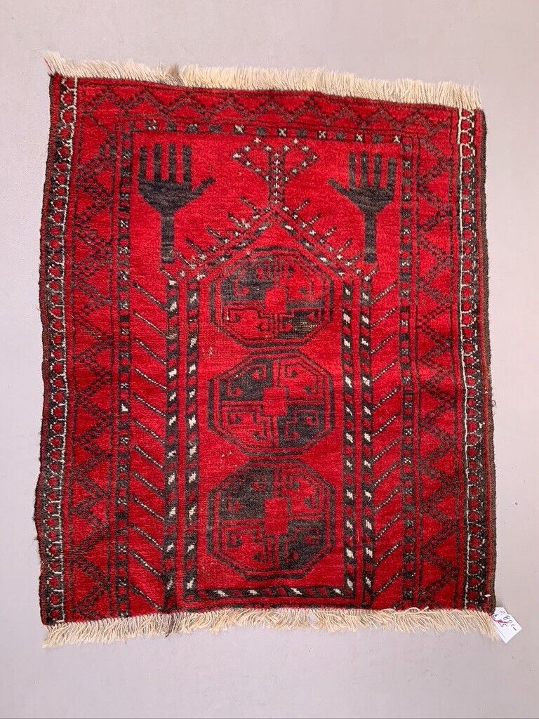 Vintage Afghan Village Rug 97x80 cm, Red, Black, Square Tribal Small