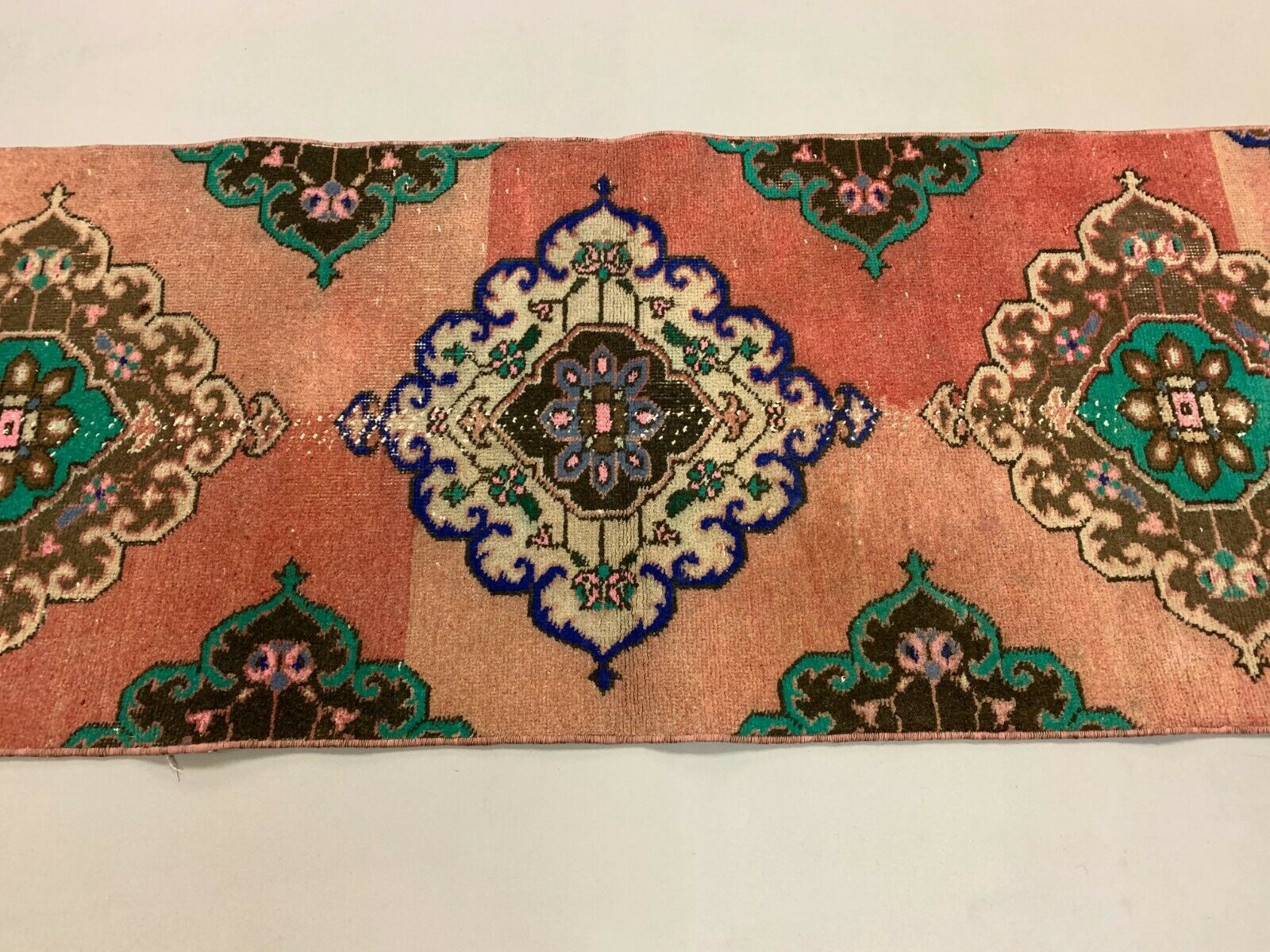 Distressed Turkish Runner 380x72 cm wool Vintage Tribal Rug Pink Green kilimshop.myshopify.com