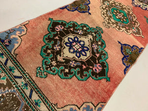 Distressed Turkish Runner 380x72 cm wool Vintage Tribal Rug Pink Green kilimshop.myshopify.com