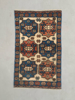 Vintage Turkish Kazak Rug Oriental 135x81 cm Tribal Small Carpet, Red and Blue