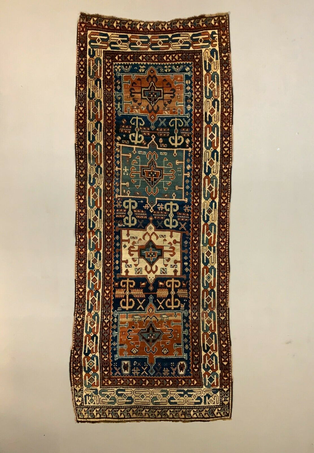 Antique Long Gendje Kazak Rug 285x111 cm Caucasian carpet, Green, Blue, Runner kilimshop.myshopify.com