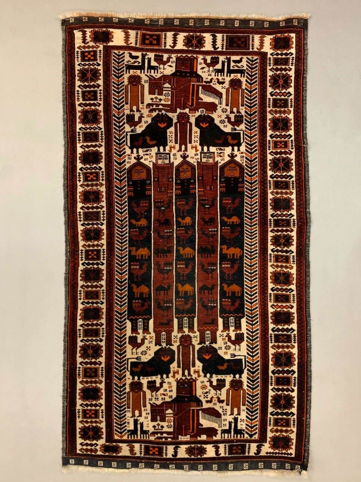 Vintage Tribal Lion Rug 204x110 cm, Old Tribal Wool Carpet, Black, Red Cream kilimshop.myshopify.com