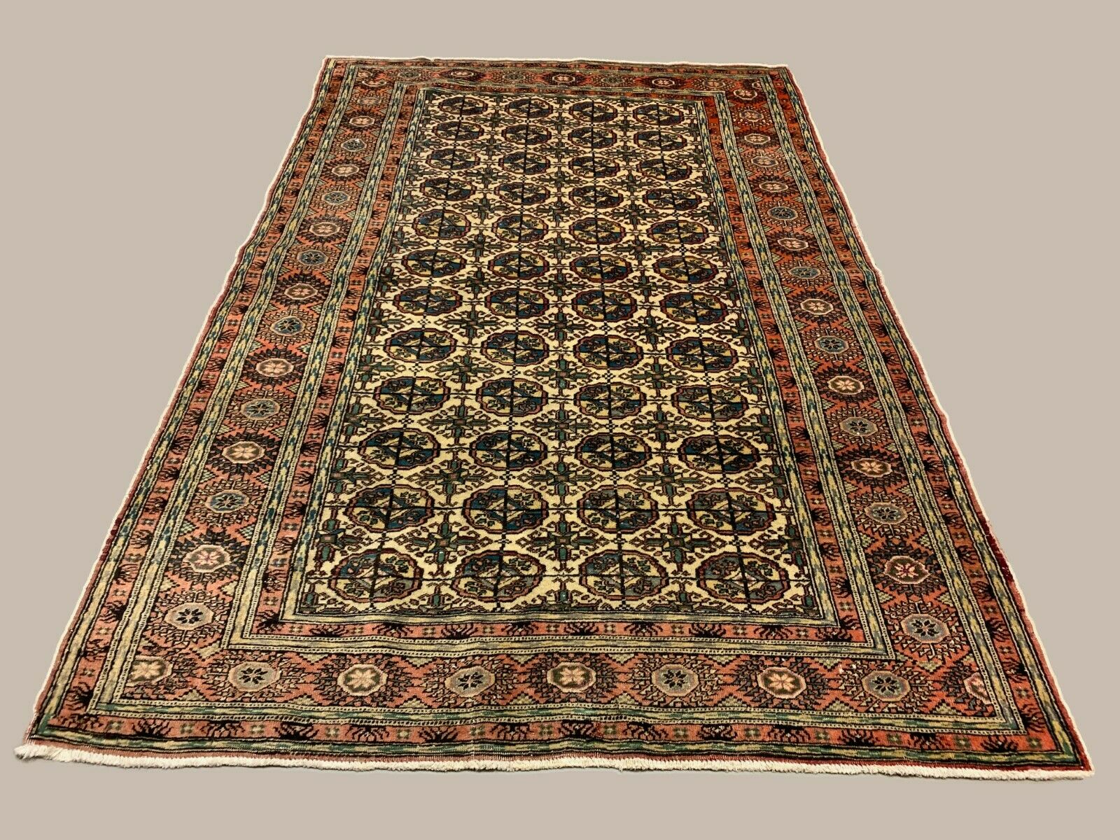 Distressed Turkish Rug 218x148 cm wool Vintage Turkoman Tekke Design Red, Beige kilimshop.myshopify.com