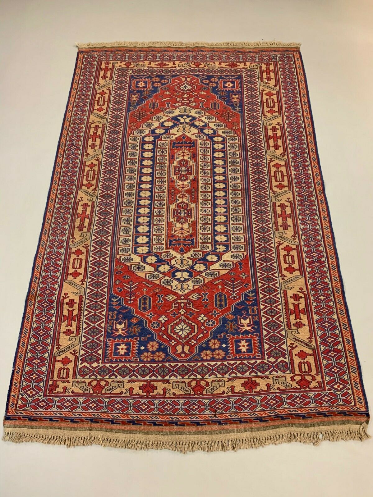 Vintage Afghan Soumak Kilim 245x153 cm, Kelim Rug cm Large Red, Blue, Beige kilimshop.myshopify.com