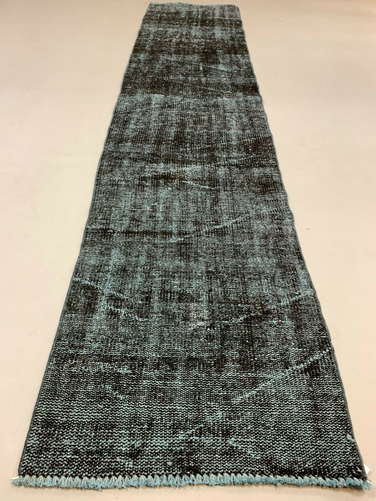 Distressed Turkish Narrow Runner 295x65 cm wool Vintage rug, Overdyed Black kilimshop.myshopify.com