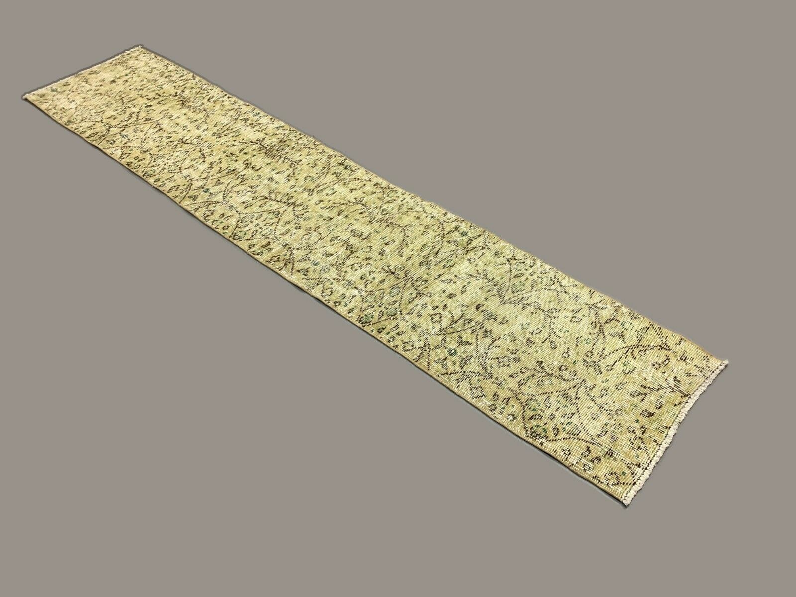Distressed Turkish Narrow Runner 266x56 cm wool Vintage rug, Overdyed Yellow kilimshop.myshopify.com