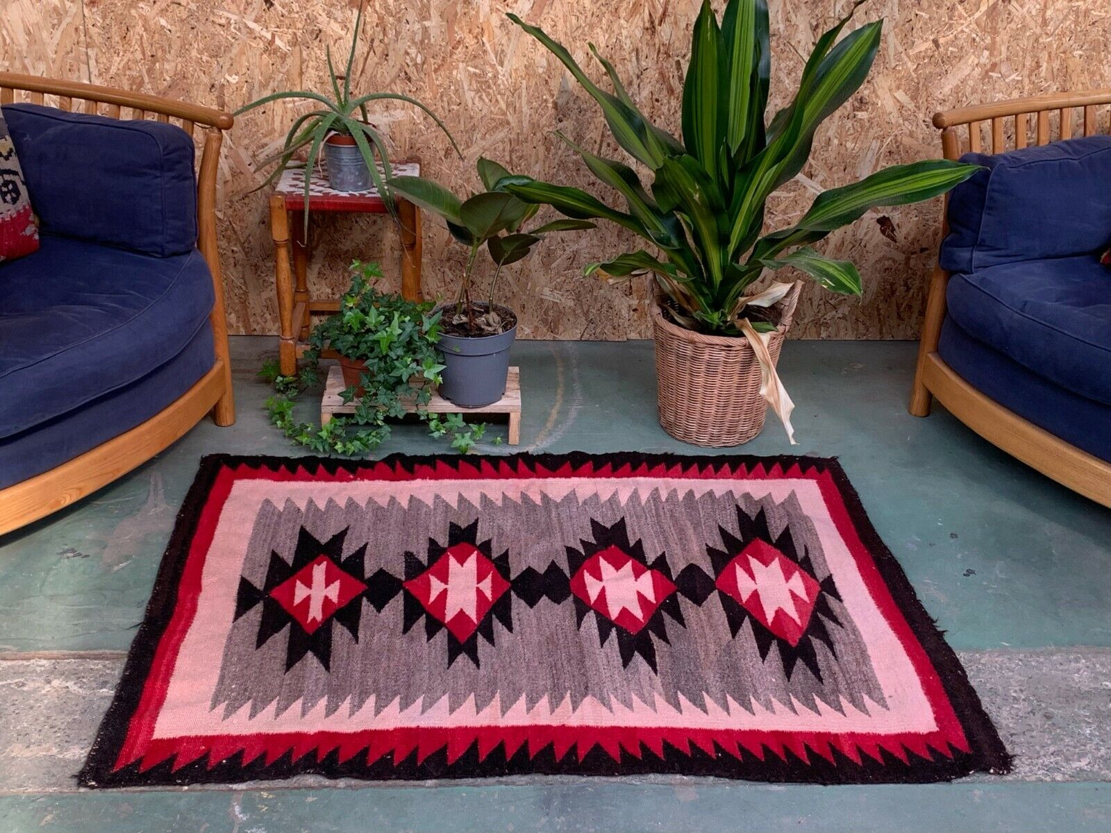 Genuine 1920-1930 Navajo Kilim Rug 132x95 cm native American wool decor Medium