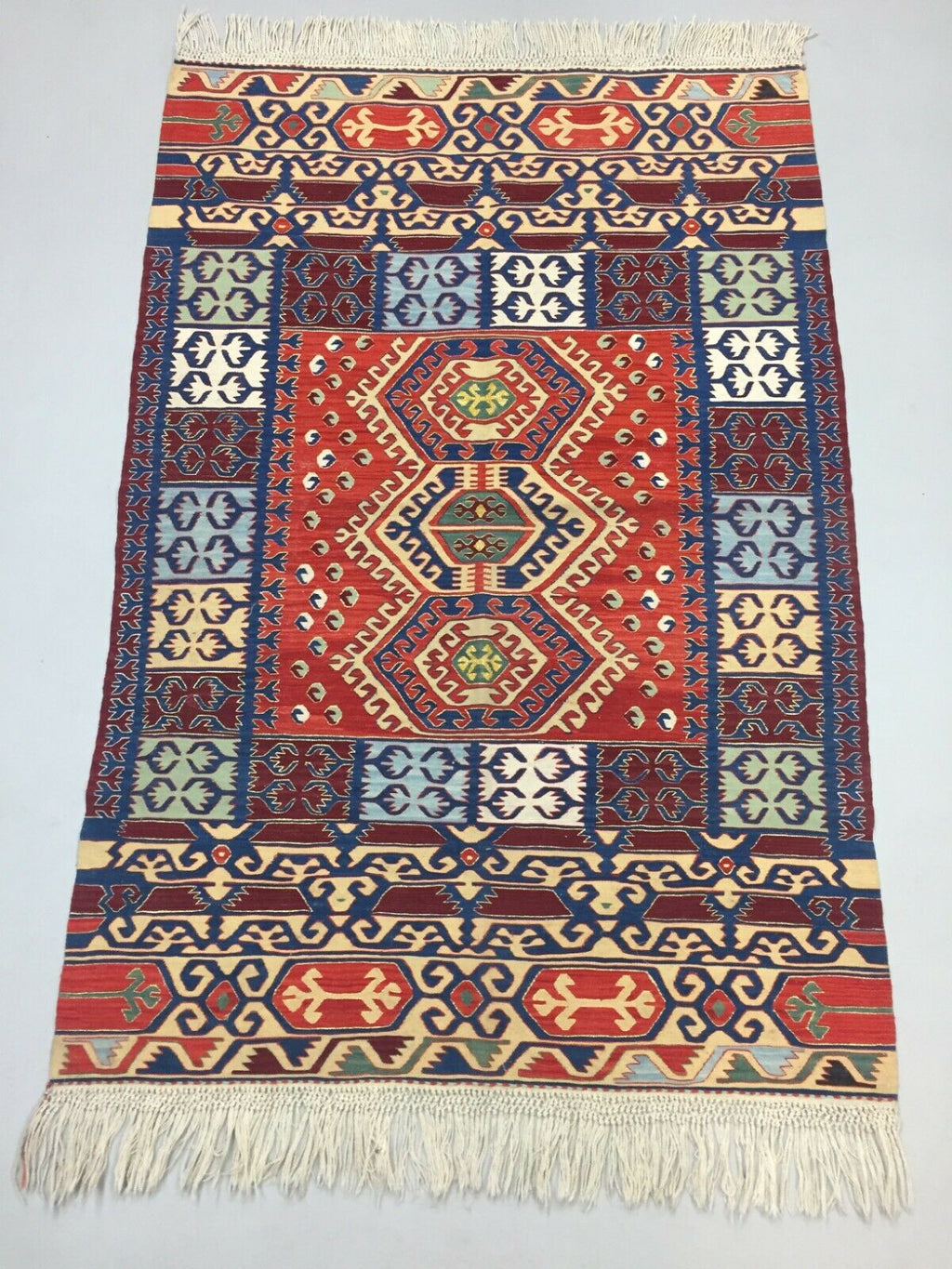 Fine Vintage Turkish Kilim 180x115 cm Wool Kelim Rug Blue Red Beige Gold Medium