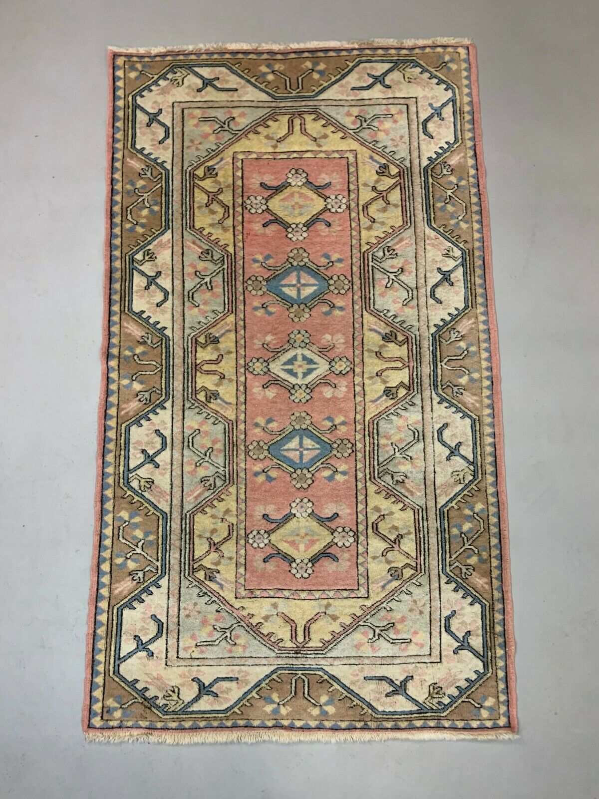 Old Turkish Milas Rug 212x122 cm old vintage carpet Ushak Region Pink Beige Blue