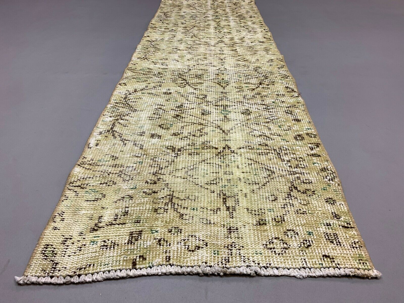 Distressed Turkish Narrow Runner 267x63 cm wool Vintage rug, Overdyed Yellow kilimshop.myshopify.com