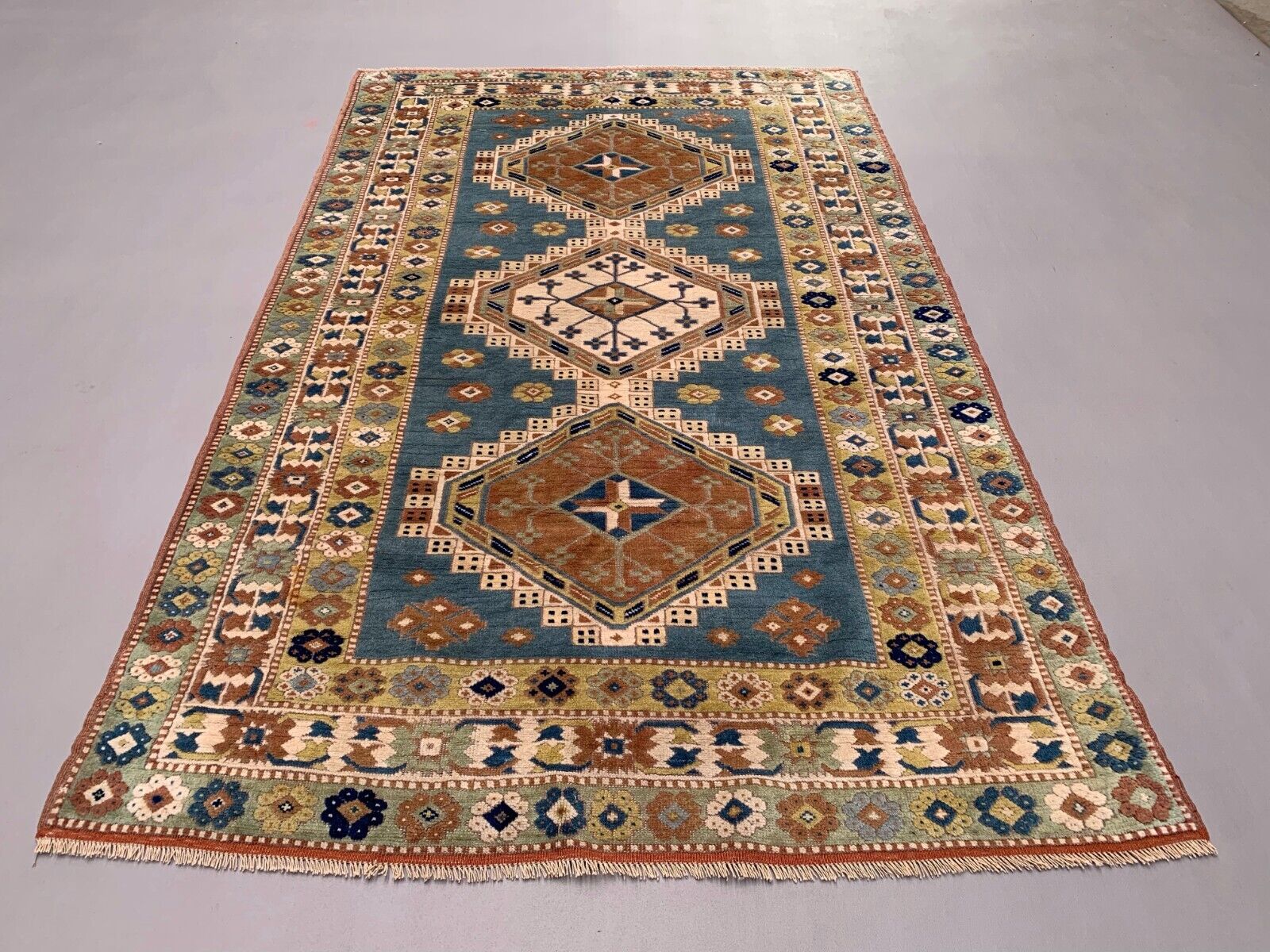 Old Turkish Kazak Rug 223x137 cm vintage tribal carpet, Red and Blue Large