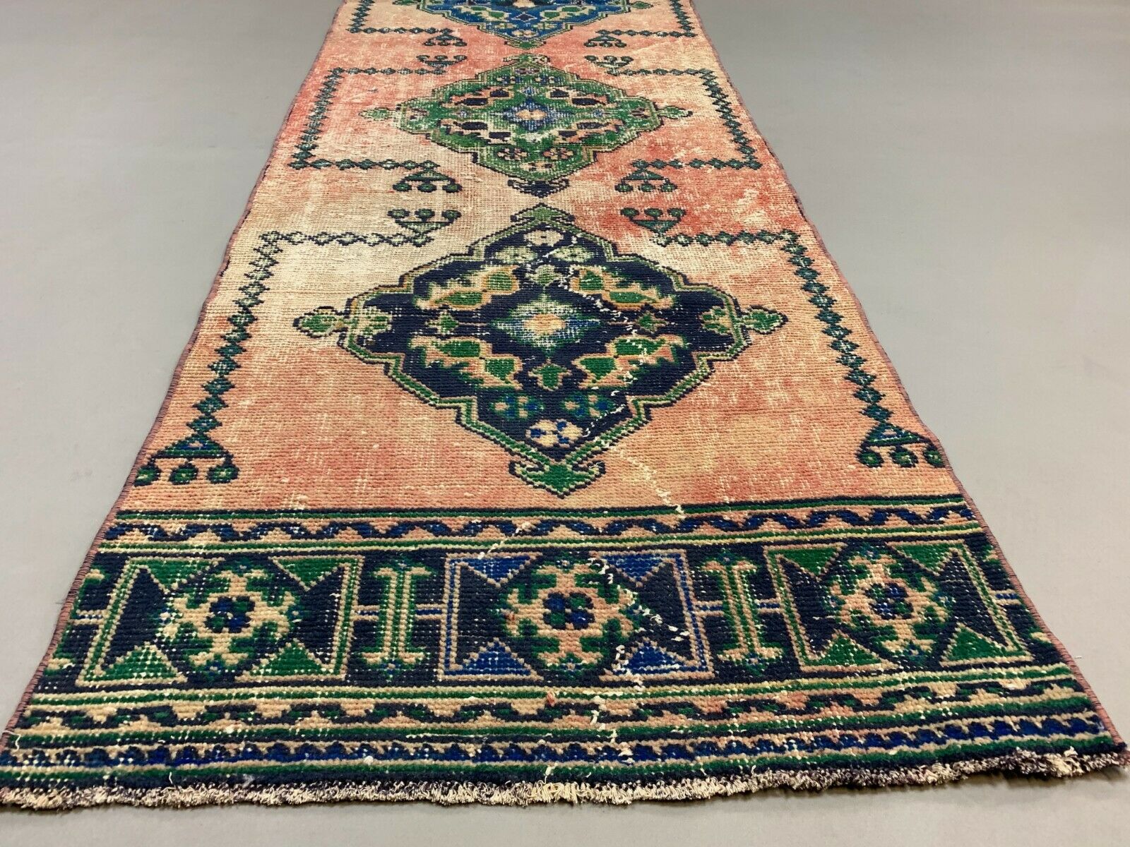 Distressed Turkish Runner 360x79 cm wool Vintage Tribal Rug Pink Green kilimshop.myshopify.com