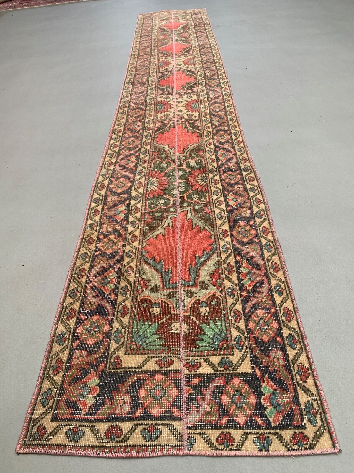 Distressed Turkish Narrow Runner 397x63 cm wool Vintage Tribal Rug
