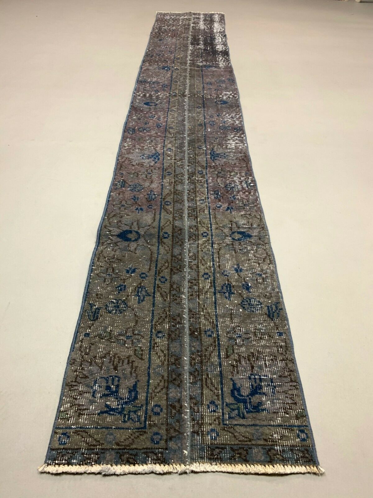 Distressed Turkish Runner 310x50 cm wool Vintage rug, Overdyed Brown kilimshop.myshopify.com