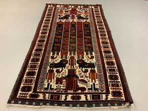 Vintage Tribal Lion Rug 204x110 cm, Old Tribal Wool Carpet, Black, Red Cream kilimshop.myshopify.com