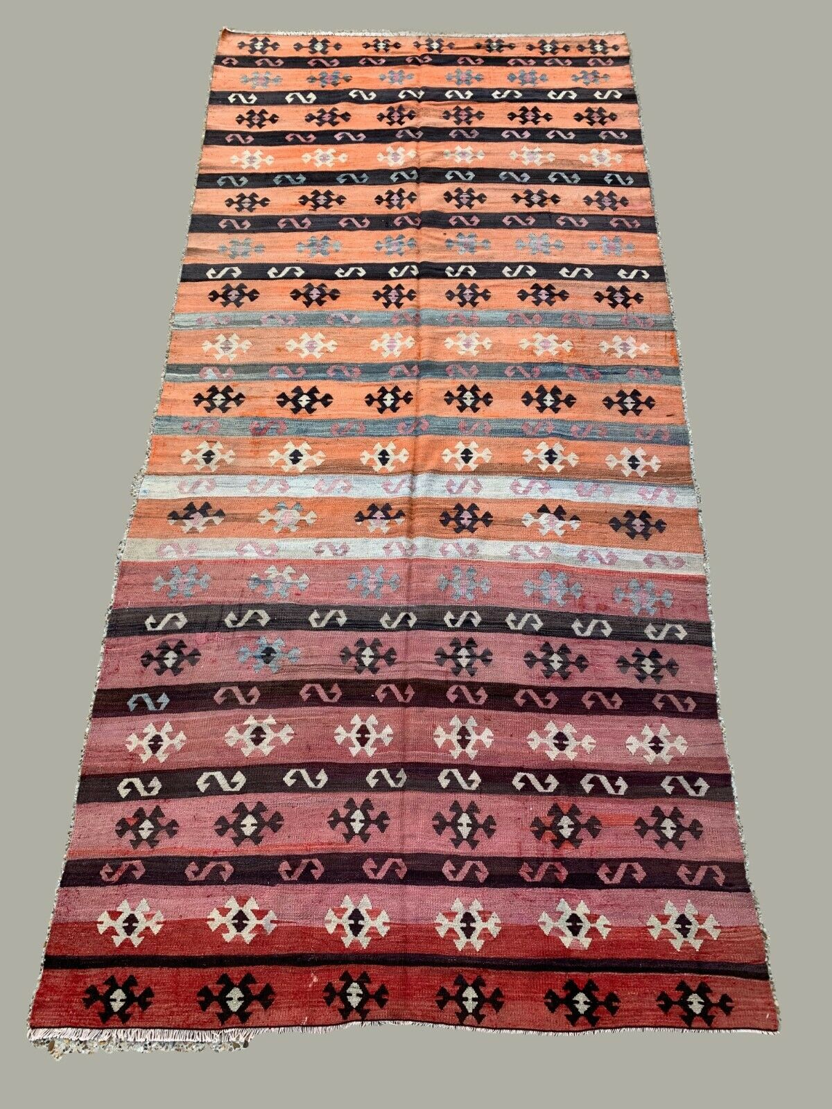 Vintage Turkish Kilim 350x160 cm Tribal Kelim Rug Large Pink, Blue, Beige, Black