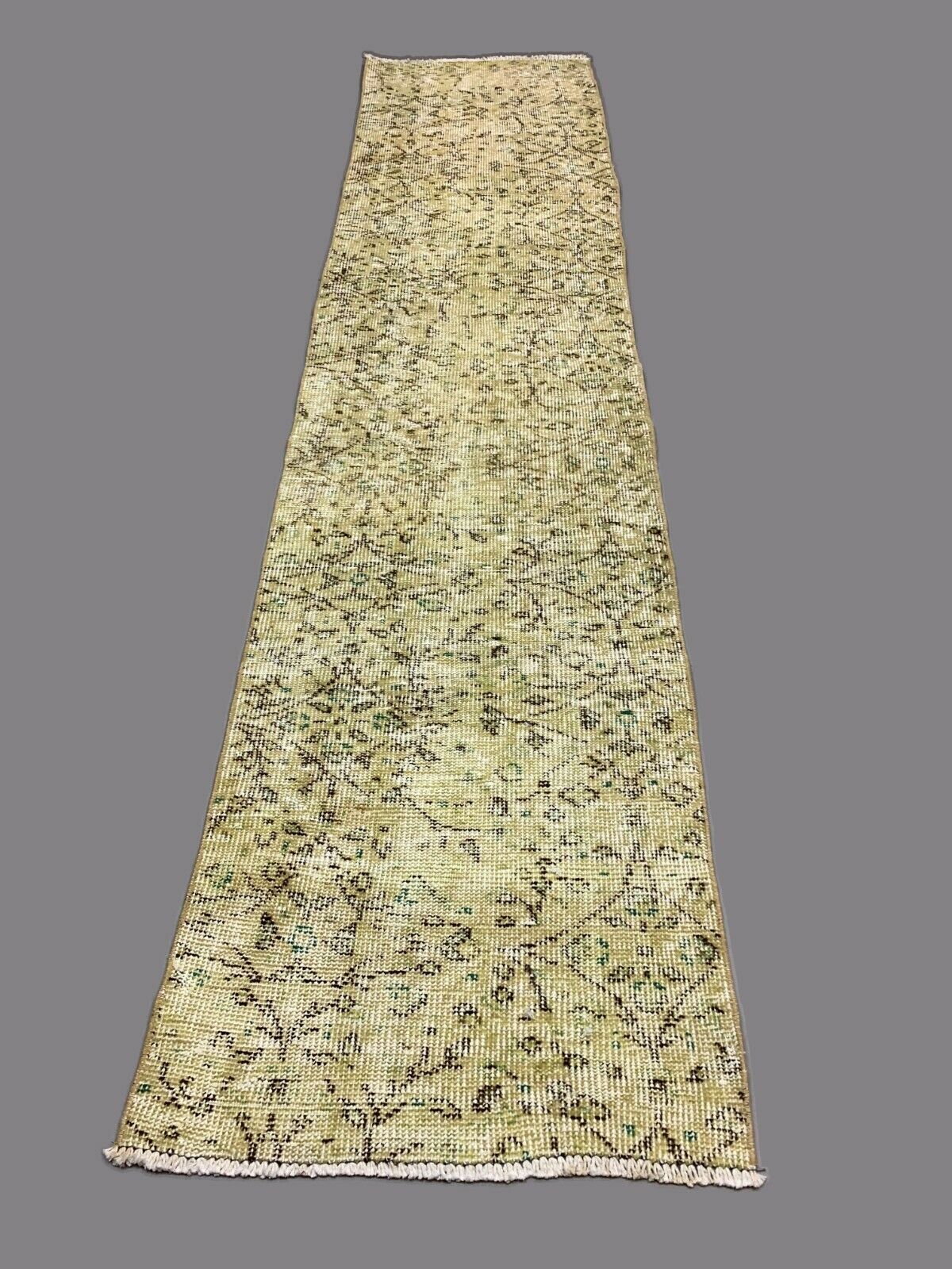 Distressed Turkish Narrow Runner 274x65 cm wool Vintage rug, Overdyed Yellow kilimshop.myshopify.com