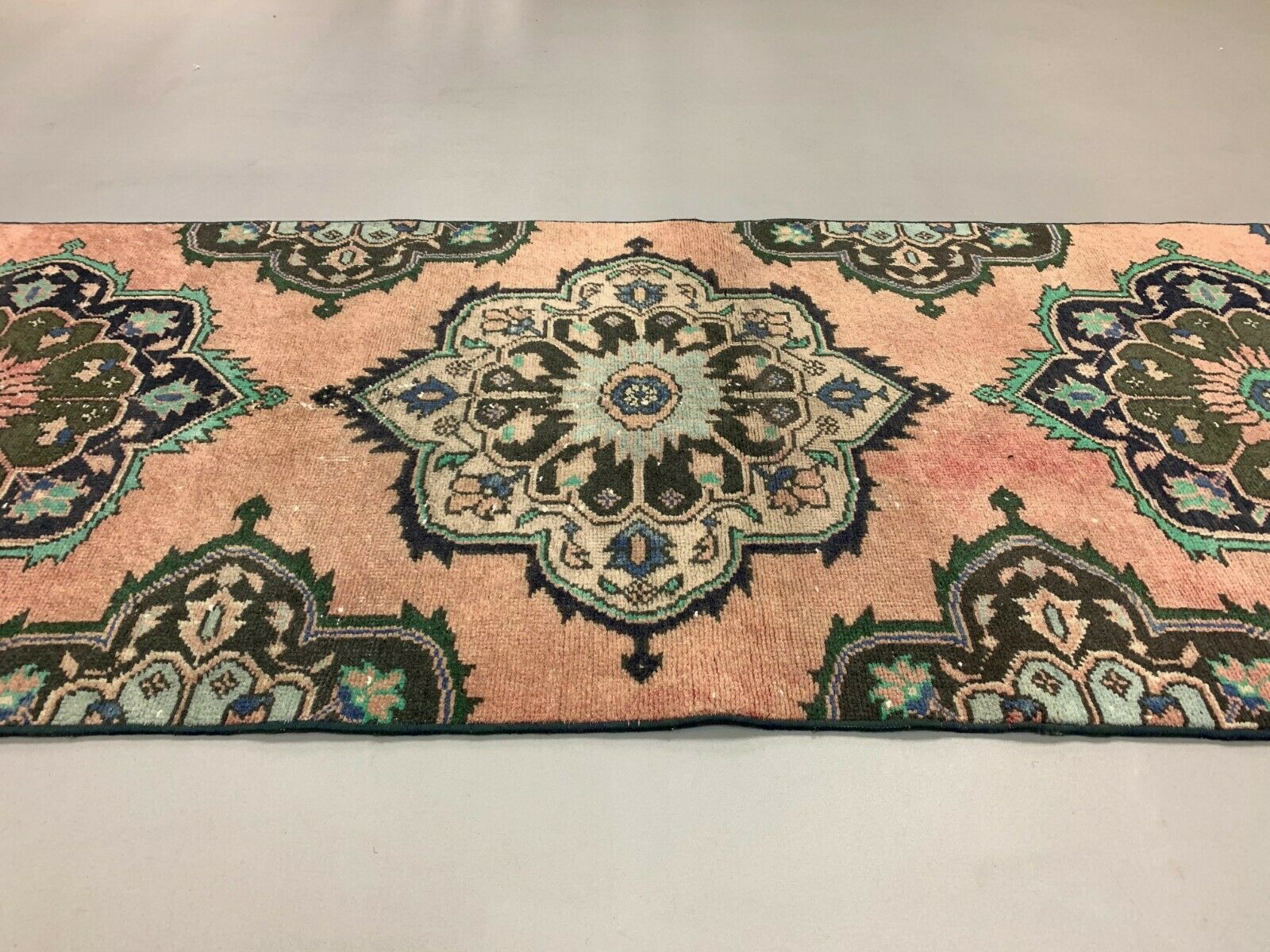 Distressed Turkish Runner 410x80 cm wool Vintage Tribal Rug Pink Green kilimshop.myshopify.com