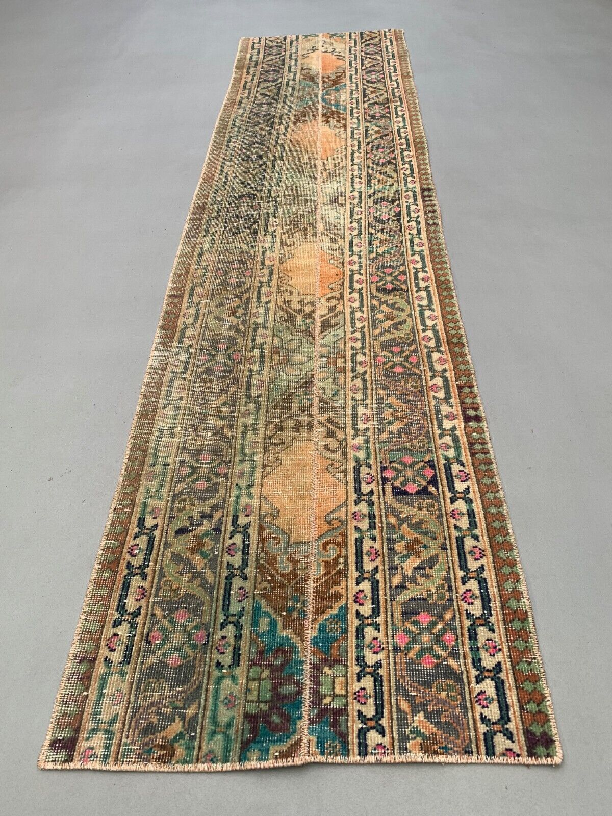 Distressed Turkish Narrow Runner 270x67 cm wool Vintage Tribal Rug