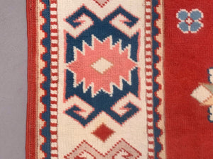 Old Turkish Kazak Rug 140x83 cm vintage tribal carpet, Red and Blue Medium