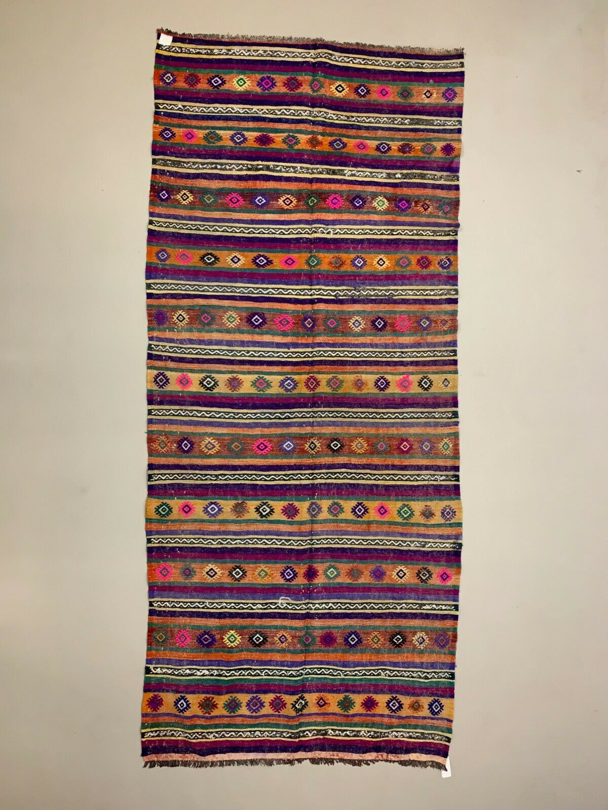 Colourful Vintage Turkish Kilim 318x138 cm Kelim Rug Wool Red Green Black Large kilimshop.myshopify.com