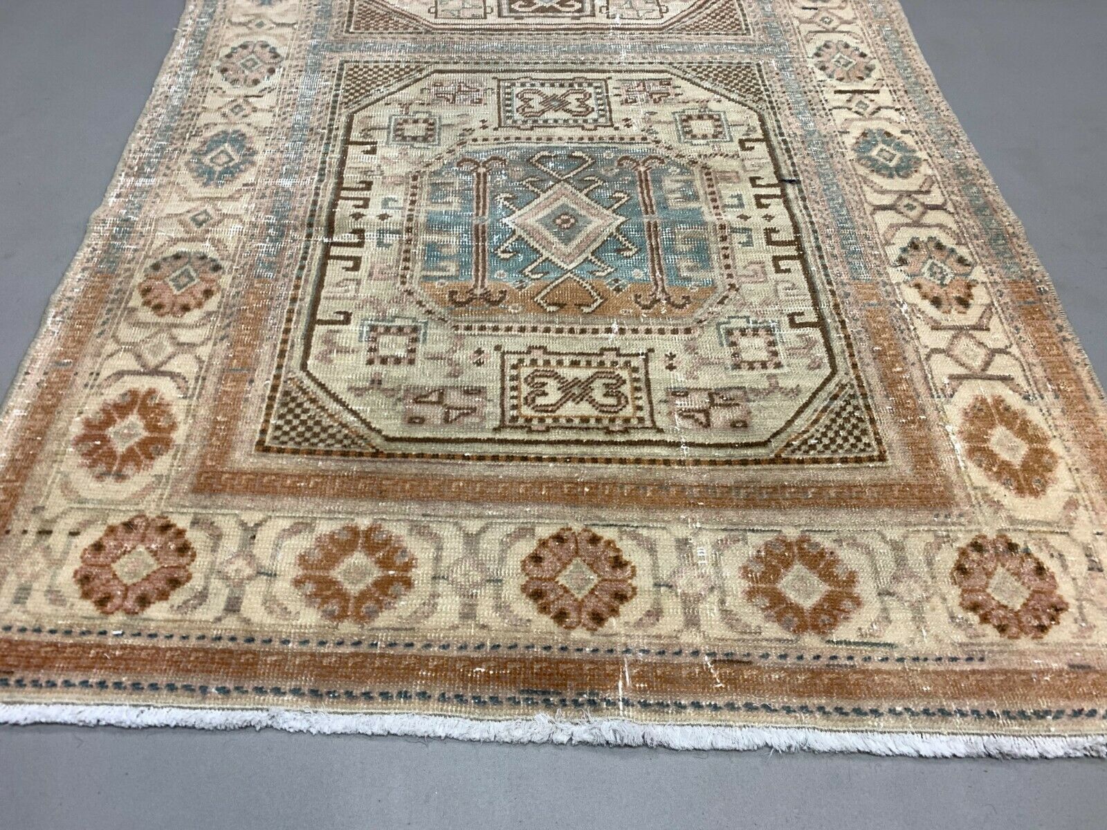 Distressed Turkish Rug 197x90 cm wool Vintage shabby Chic Tribal Blue, Beige kilimshop.myshopify.com