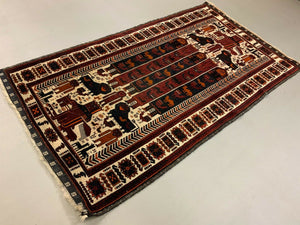 Vintage Tribal Lion Rug 204x110 cm, Old Tribal Wool Carpet, Black, Red Cream kilimshop.myshopify.com