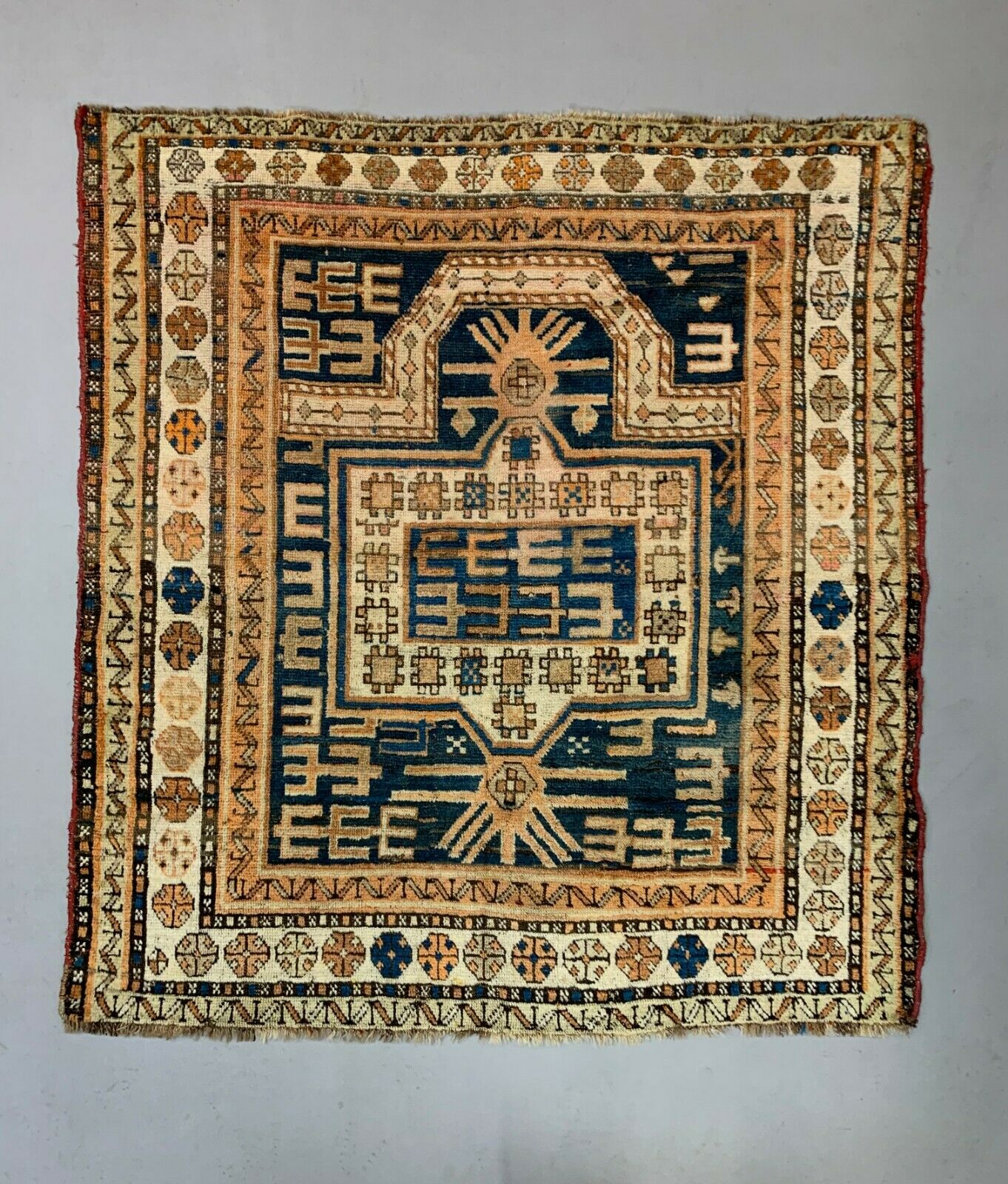 Antique Dagestan Kazak Rug 124x114 cm Caucasian, Gold, Blue, Rust Square Medium