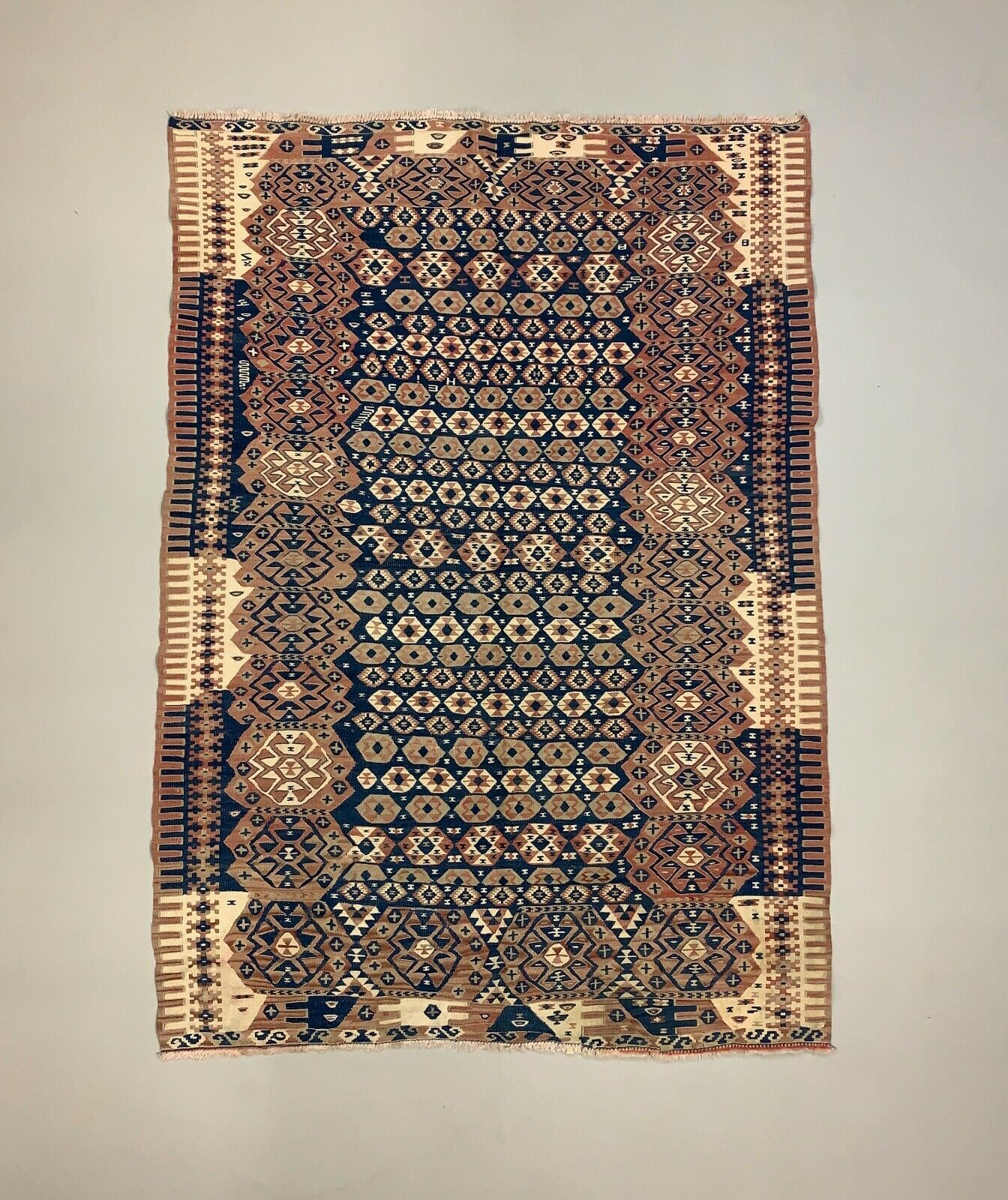 Vintage Turkish Kilim 207x147 cm Tribal Kelim Rug, Blue, Red, Beige, Medium